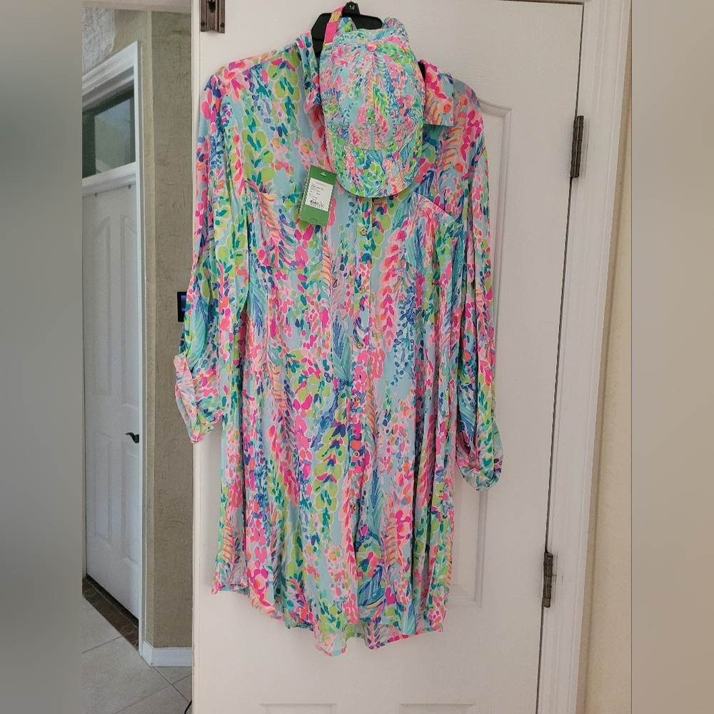 HTF Lilly Pulitzer Catch the wave swim over and matching hat